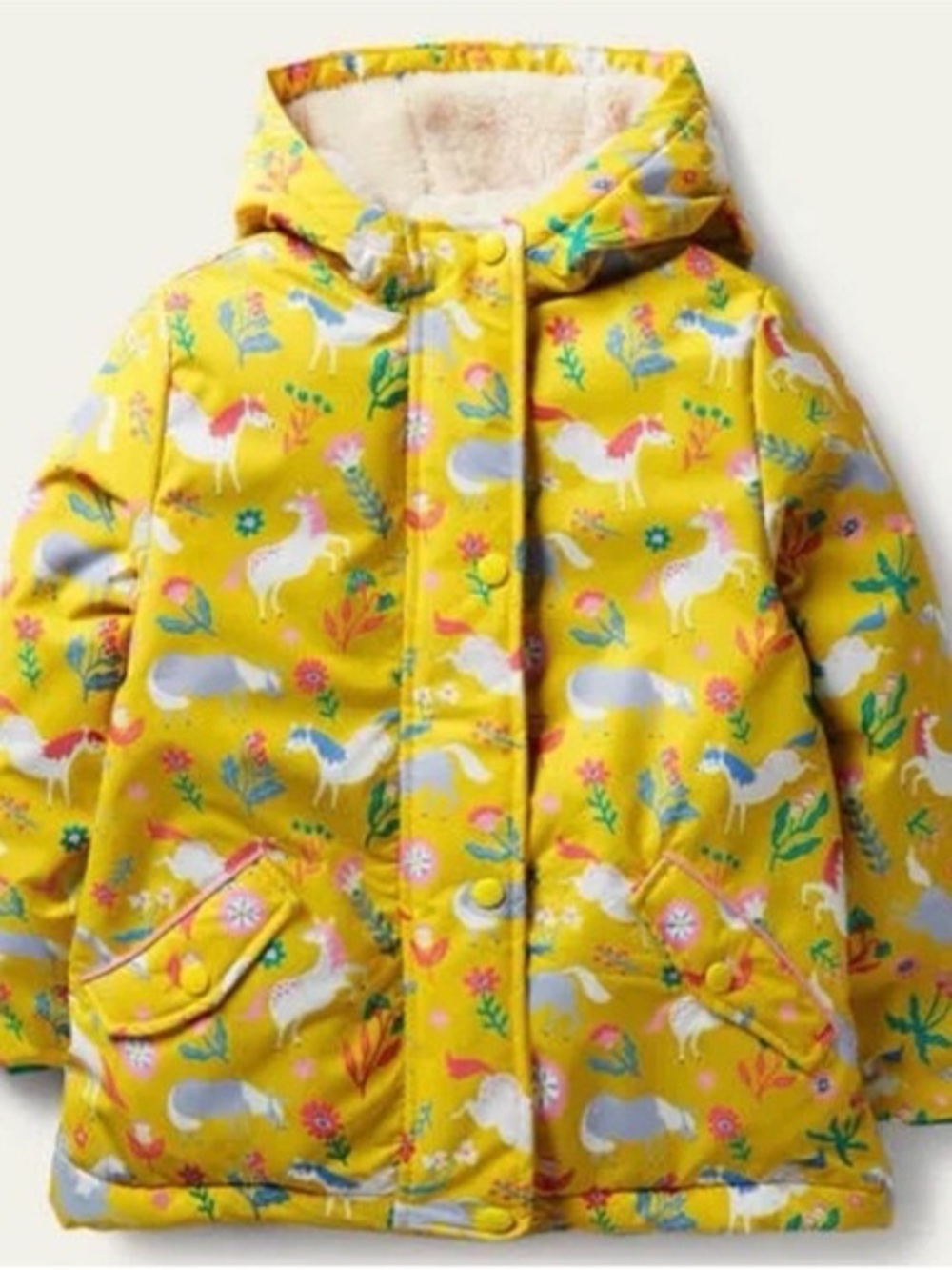 Mini Boden Yellow Hooded Anorak Puffer Coat with Sweetcorn Ponies | Size 3-4
